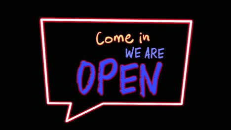 come in we are open neon light text animation motion graphics moving text with black background