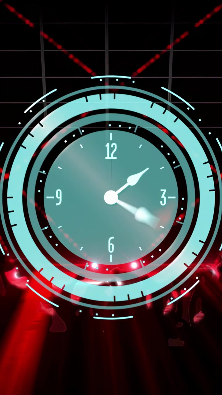 Vertical video: Red lasers sparking cyan HUD morphing into clock rings rotating showing crowd
