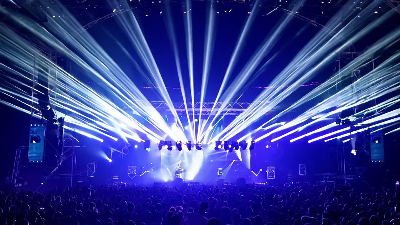 환호하는 군중들이 활기찬 콘서트를 즐기며 활기찬 무대 조명과 함께 흥분의 전기적인 분위기를 만니다.