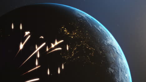 animación de fuegos artificiales de año nuevo sobre el globo giratorio en el cielo nocturno