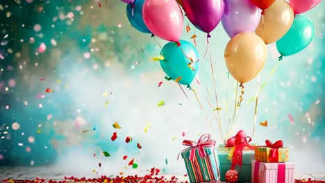 un montón de globos coloridos y regalos en una mesa de madera