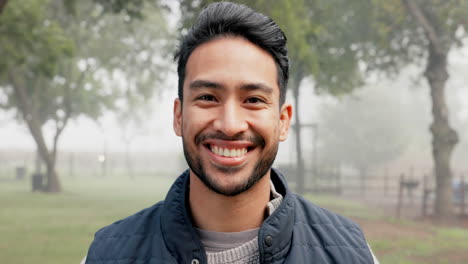 face, smile and asian man outdoor