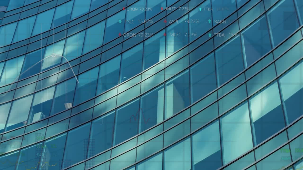 Animazione di elaborazione dati finanziari su un edificio per uffici