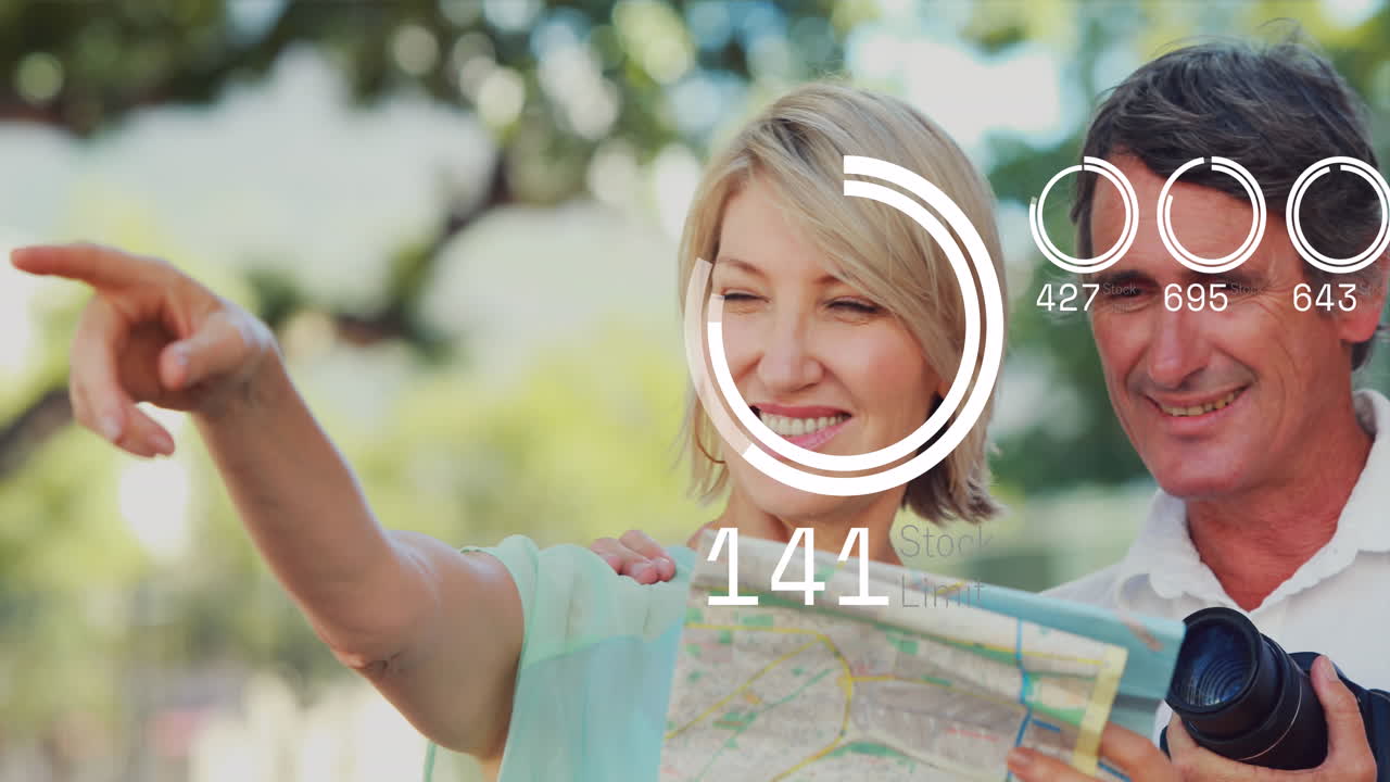 animación del procesamiento de datos del mercado de valores en una pareja caucásica usando un mapa y apuntando a una distancia.