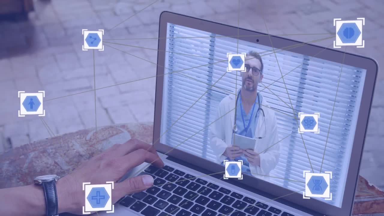iconos digitales de internet sobre un hombre usando una computadora portátil durante una videollamada.