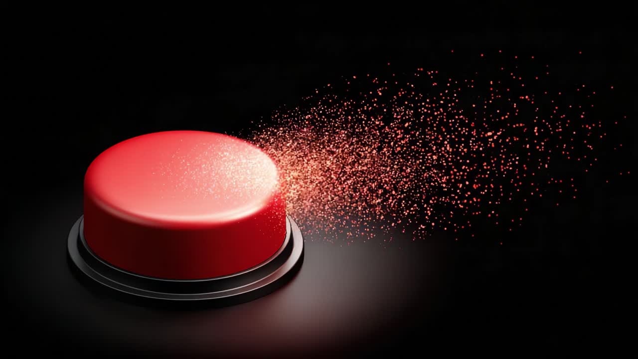 An artistic representation of a bright red button with sparkling particles emanating from it, set against a pitch-black background, showcasing an intriguing visual dynamic