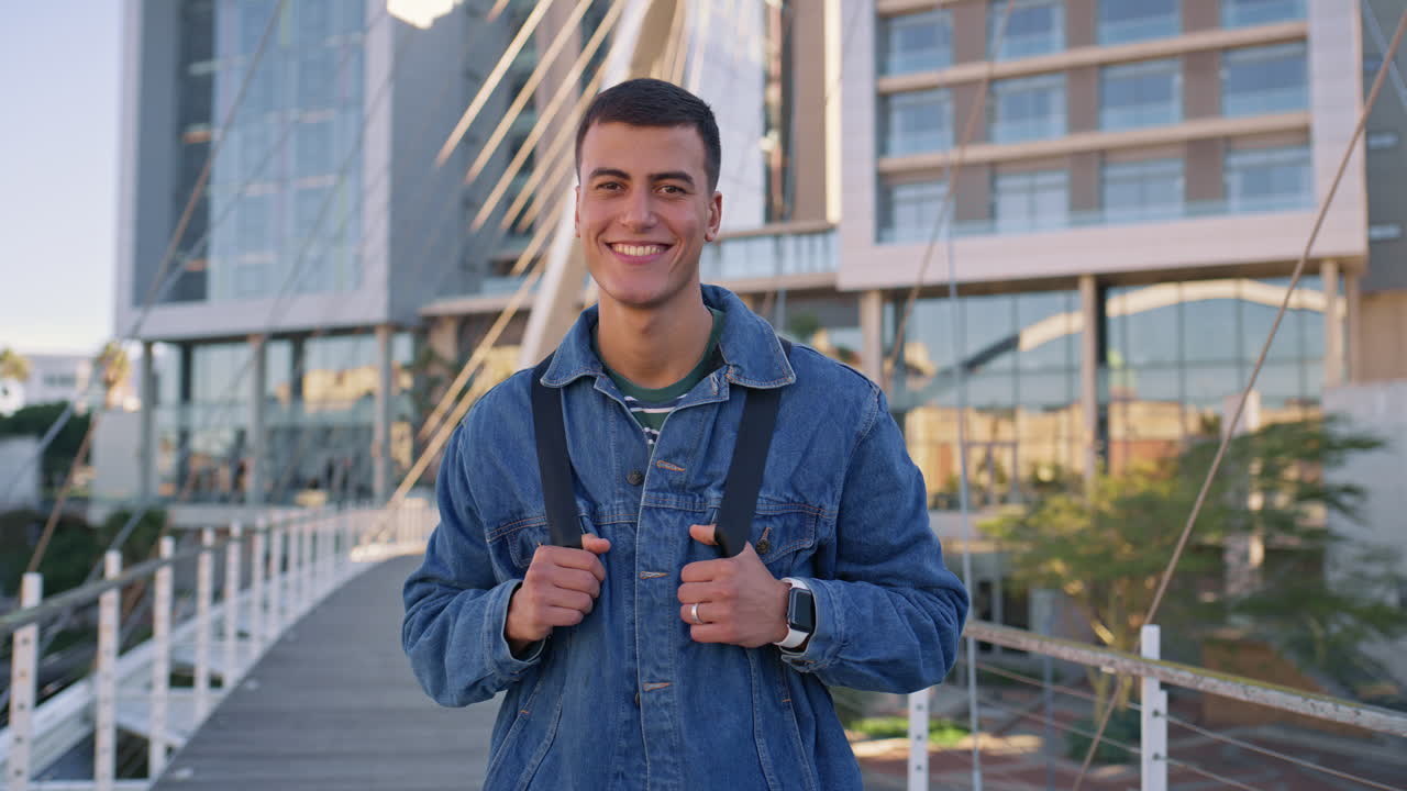 Portrait of a Smiling Man on a City Bridge