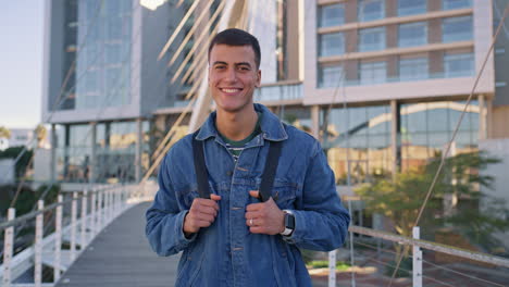 portrait of a smiling man on a city bridge