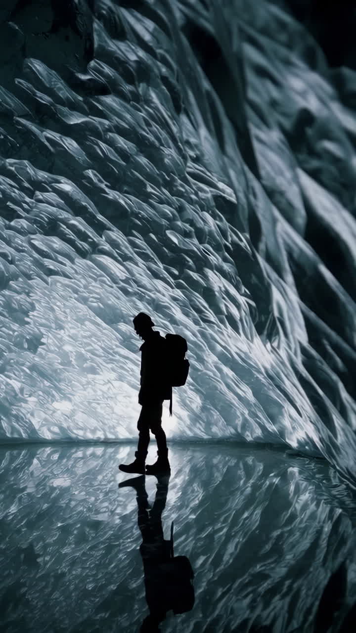 Silhouette of an Explorer in a Glacier Ice Cave