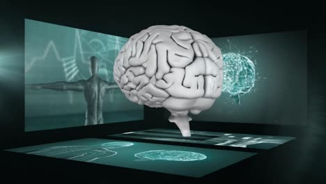 cerebro humano 3d giratorio con pantallas científicas en el fondo