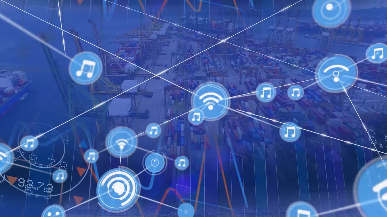 red de iconos digitales procesamiento de datos del mercado de valores frente a la vista aérea del puerto