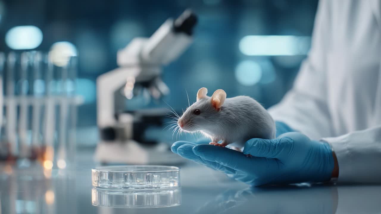 A researcher in a laboratory holding a laboratory mouse in their gloved hand, with a microscope and petri dish visible in the background, highlighting animal research and study