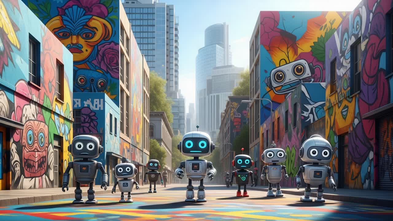 A Colorful Gathering of Robots Showcasing Their Unique Personalities in a Vibrant Urban Setting Filled with Intricate Street Art and Dynamic Murals