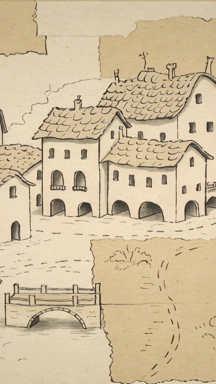 Video verticale: Inizio riproduzione, telecamera che esegue una panoramica verso destra su una mappa di carta, rivelando ponti e tetti.