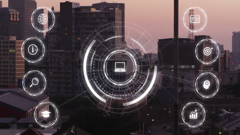 animación de la red de conexiones con iconos sobre el paisaje urbano