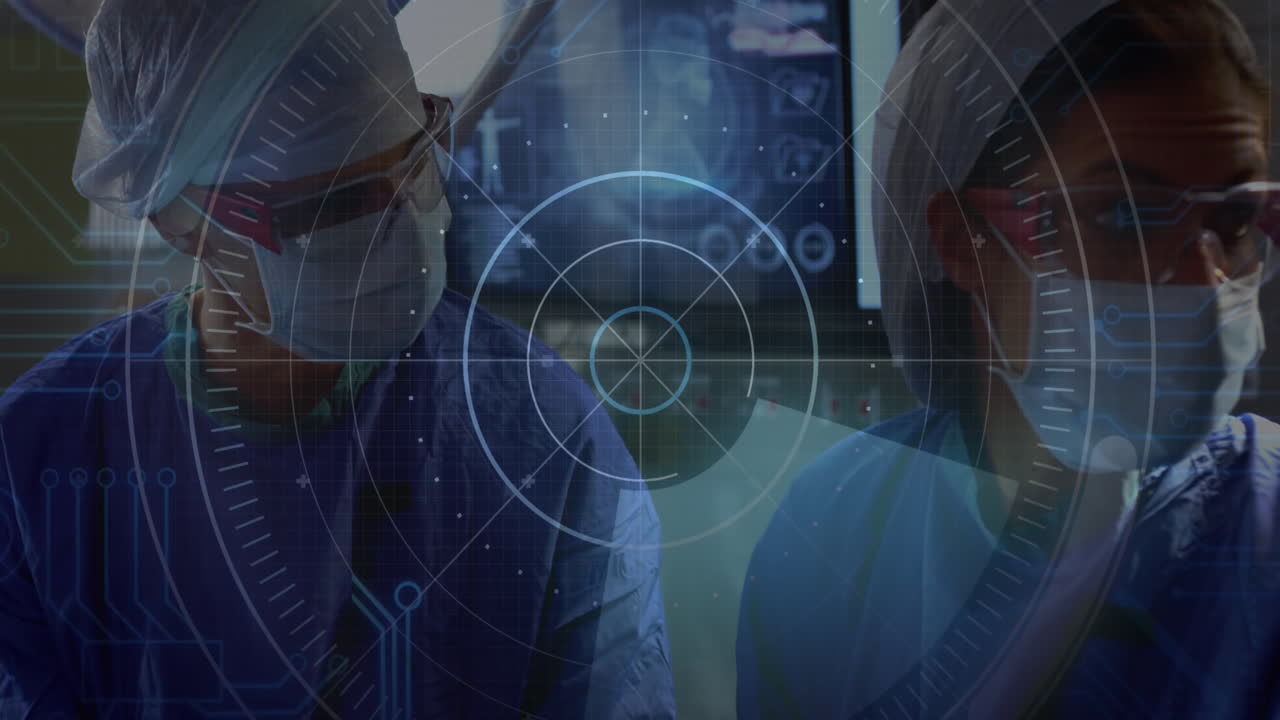 Animation of round scanner against diverse male and female surgeons performing surgery at hospital