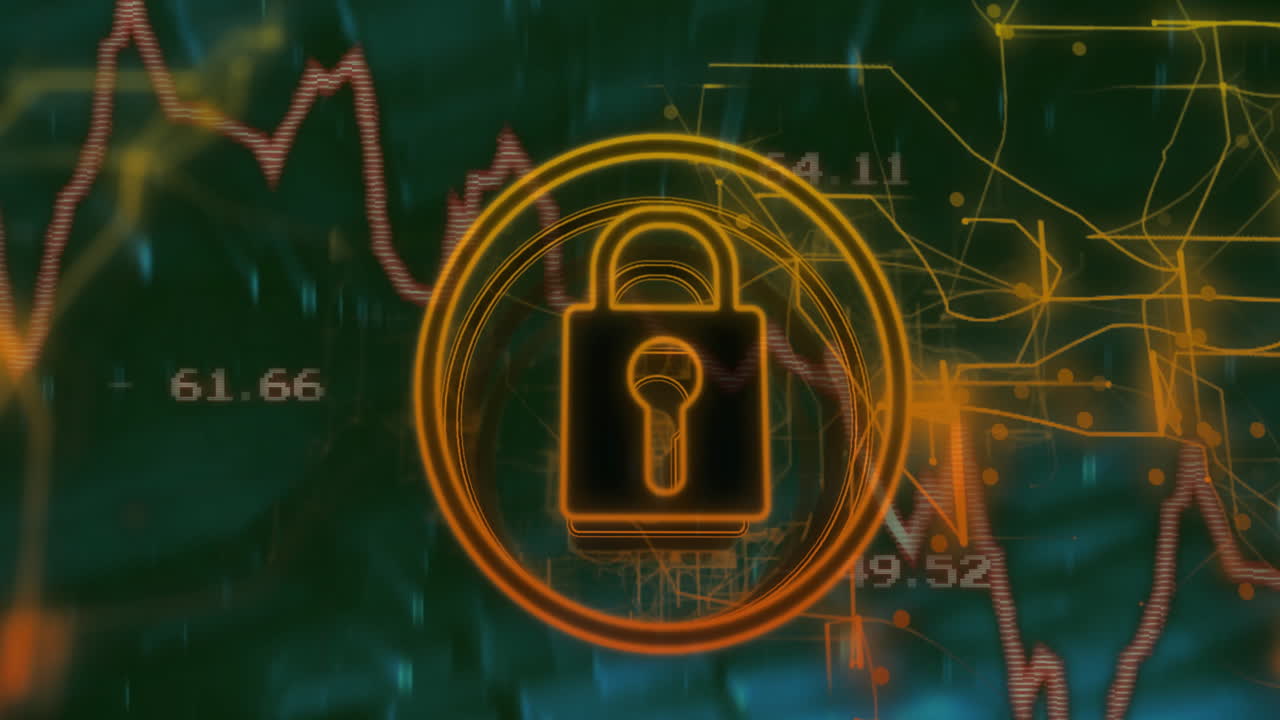 Lock icon with digital graphs and data lines, creating animation in background