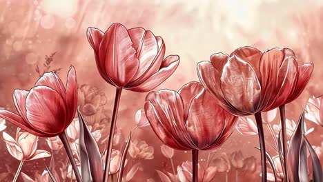 vibrant red and pink tulips in a dreamy floral field