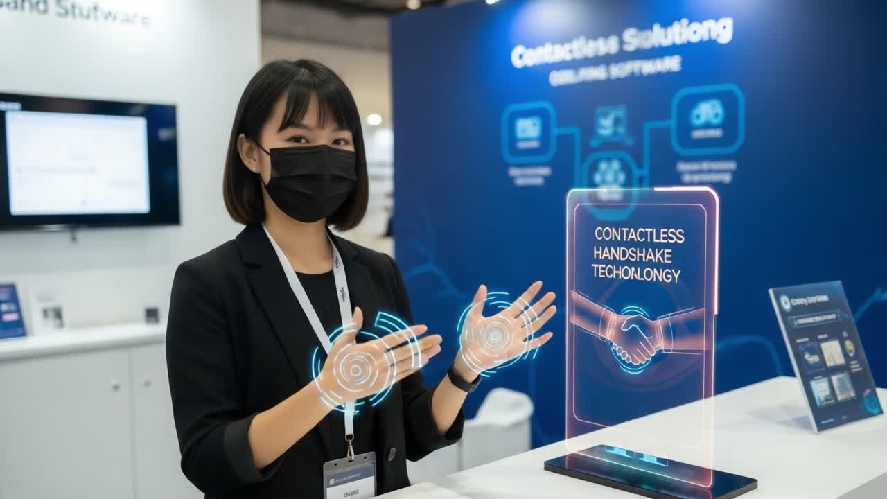 Innovative Contactless Handshake Technology Demonstrated by Professional Presenter at Exhibition, Showcasing the Future of Interactive Communication Solutions