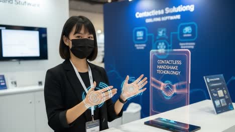 innovative contactless handshake technology demonstrated by professional presenter at exhibition, showcasing the future of interactive communication solutions