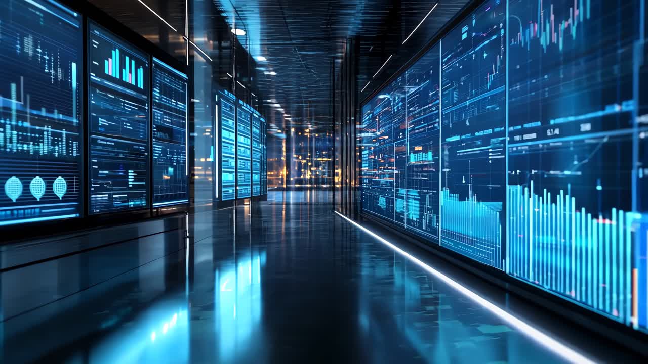 A long hallway with multiple screens displaying stock market data