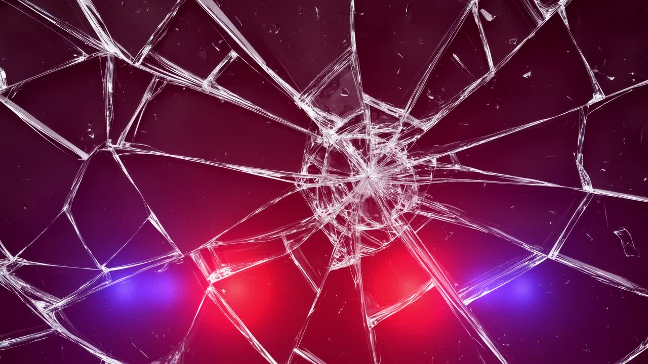 Broken glass with ambulance and police lights flashing. Shattered glass with pulsating red and blue ambulance and police lights. For emergency, accident, danger, security concepts