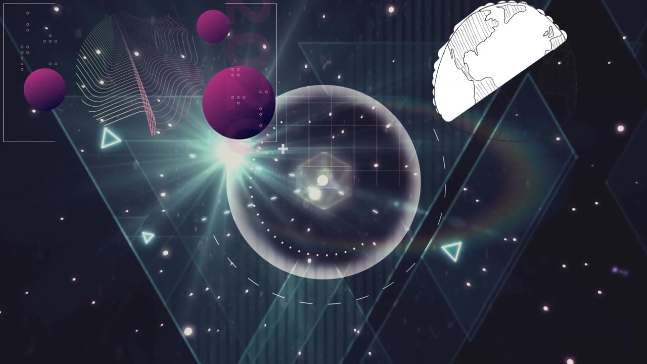 Animation of shapes over light trails and globe