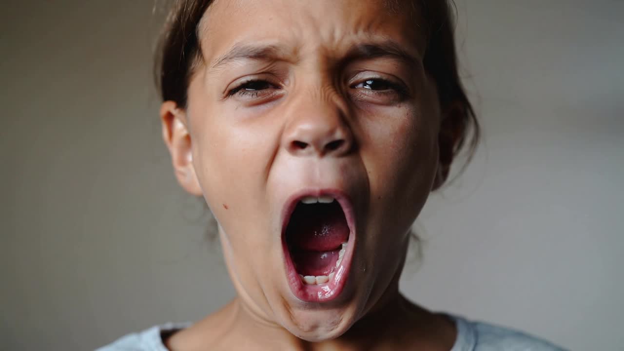 Yawning girl in light-colored top starting from tired breath while facing camera in simple room