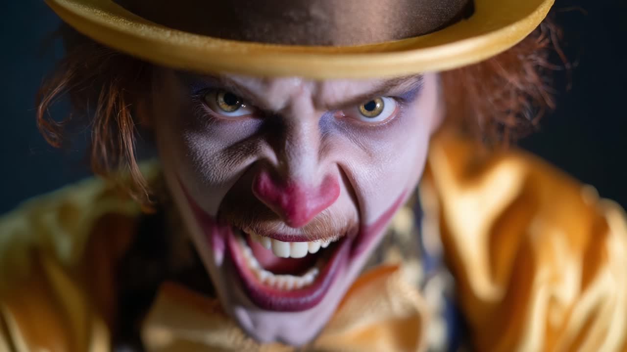 Intense Close-Up of a Clown Displaying a Fearsome Expression and Vivid Makeup; Capturing the Duality of Comedy and Horror in a Distinctive Performance