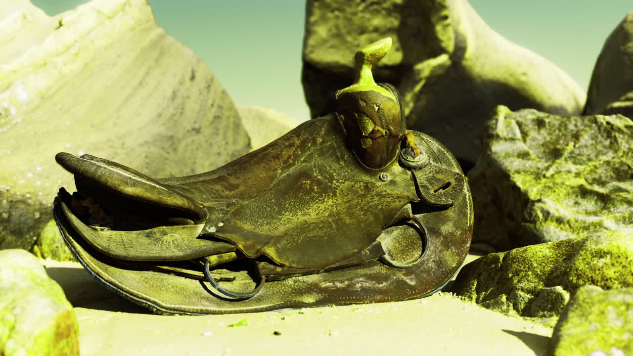 모래 연안에 있는 바다 생물과 비슷한 가죽 물건의 예술적 구성