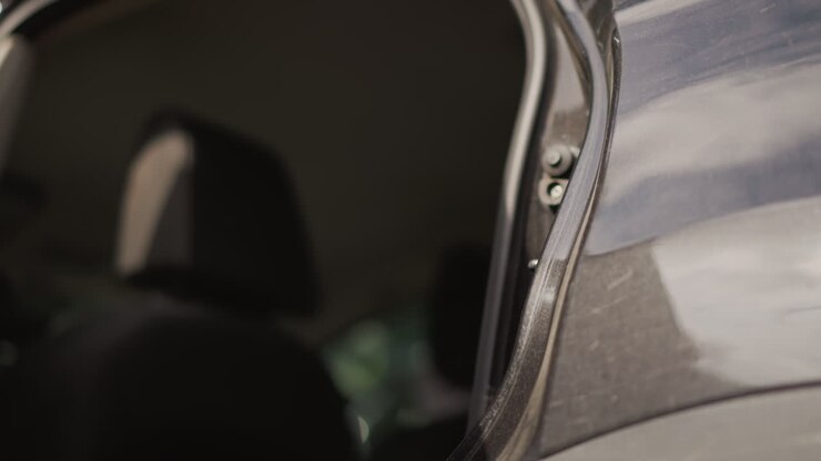 primo piano mano che apre la portiera impolverata dell'auto, musicista di strada che carica l'attrezzatura nel veicolo parcheggiato, vernice consumata con graffi e sporcizia, riflessi del sole sulla superficie metallica, poggiatesta interno e finiture con cerniera