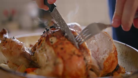 a person carves cooked poultry