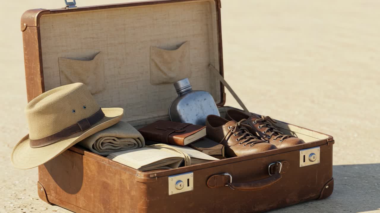 Exploring the Contents of an Open Suitcase Featuring Travel Essentials Like a Hat, Shoes, Water Flask, Clothes, and a Journal on a Sandy Terrain
