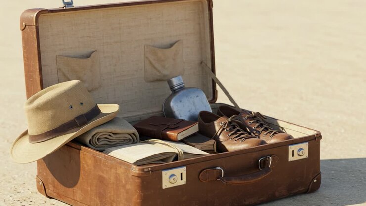 Exploring the Contents of an Open Suitcase Featuring Travel Essentials Like a Hat, Shoes, Water Flask, Clothes, and a Journal on a Sandy Terrain