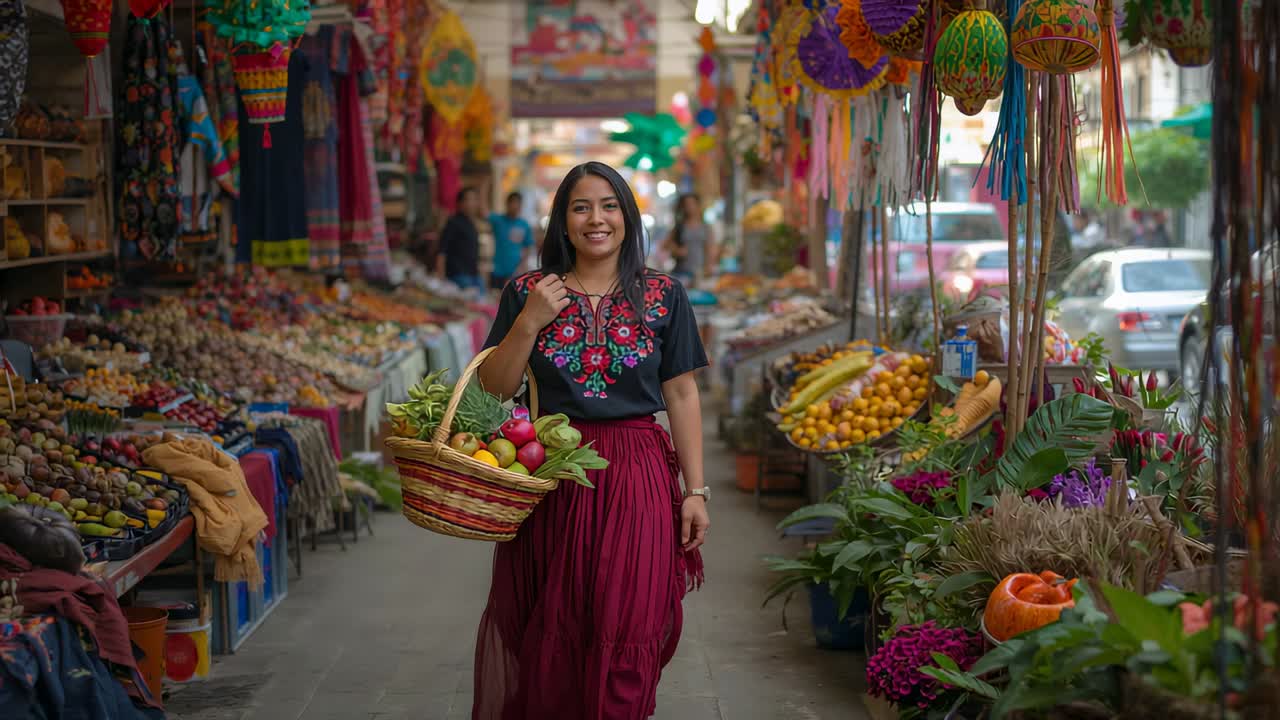 Stepping forward woman in floral blouse and skirt, carrying woven basket of produce through market