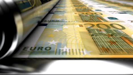 close up view or press maching printing 200 eur banknotes.