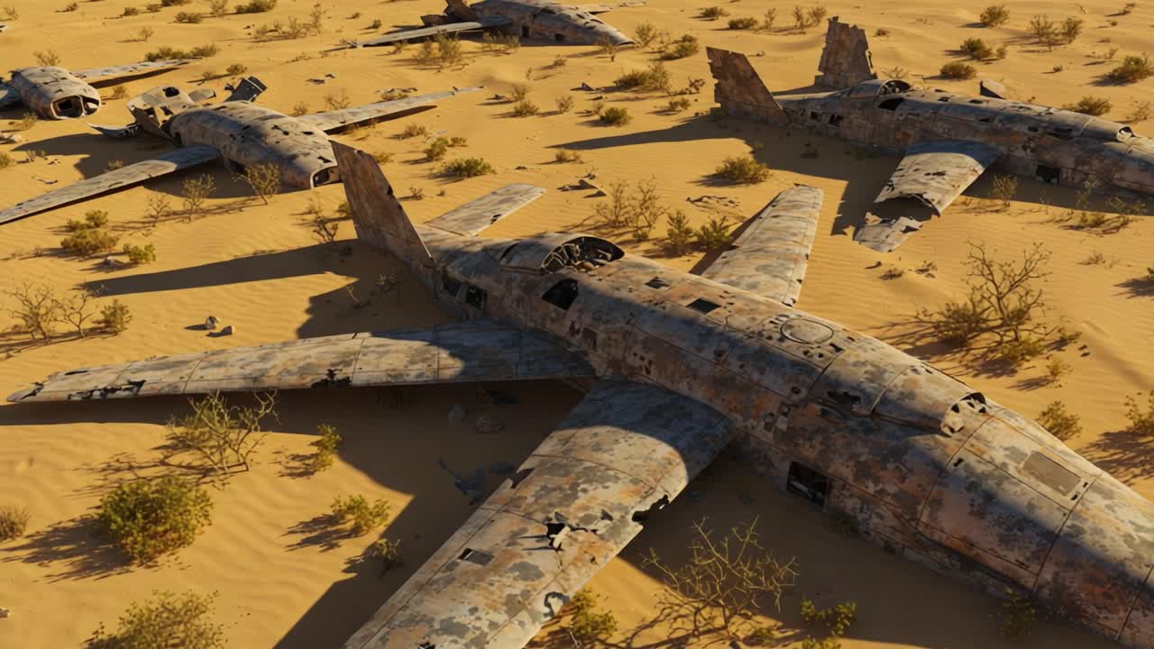 Paesaggio Desolato di Velivoli Abbandonati: Una Prospettiva Unica sui Resti Arrugginiti in un Vasto Ambiente Desertico.