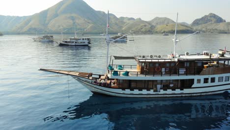 cruise ships anchored on calm waters near komodo island, indonesia, captured from a drone