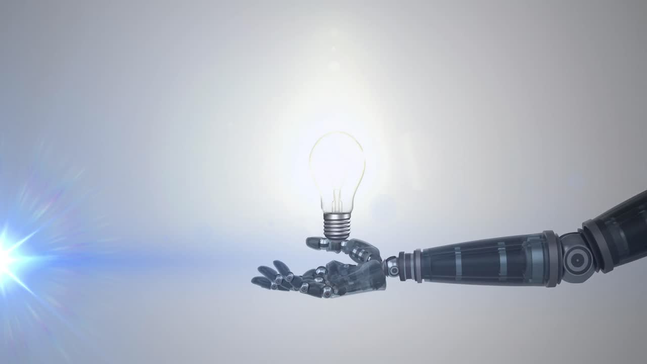Animazione di una lampadina illuminata sulla mano di un braccio robotico, con luce blu su sfondo grigio.