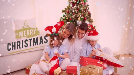 animation christmas greetings text over caucasian family by christmas tree