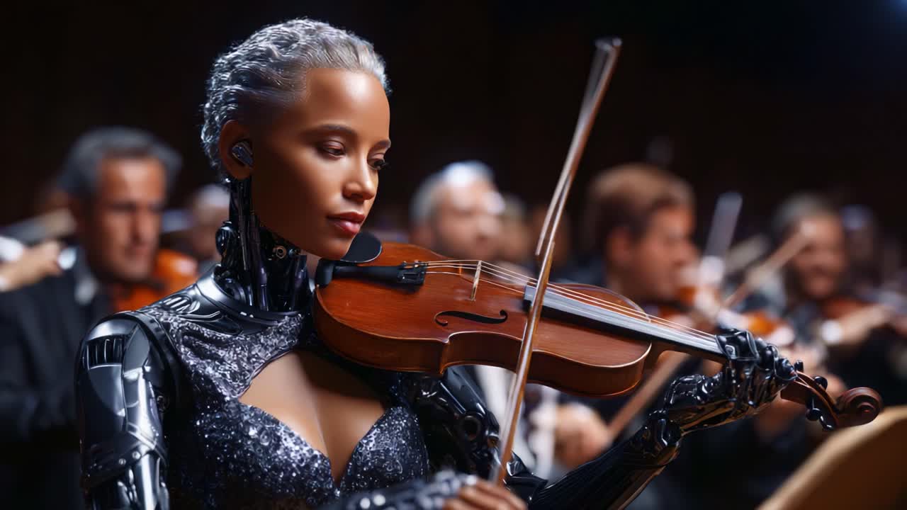 Un robot umanoide futuristico che suona abilmente il violino in un'orchestra sinfonica, mostrando la fusione tra tecnologia e arte in una performance accattivante