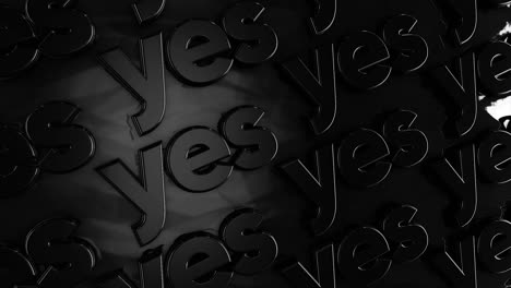 light glares on the letters of the word yes, positvity concept, monochrome. animation. volume rows of capital letters moving diagonally on black background, seamless loop