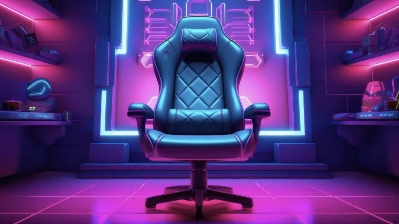 Kursi gaming futuristik di ruangan dengan lampu neon, diambil dari sudut rendah
