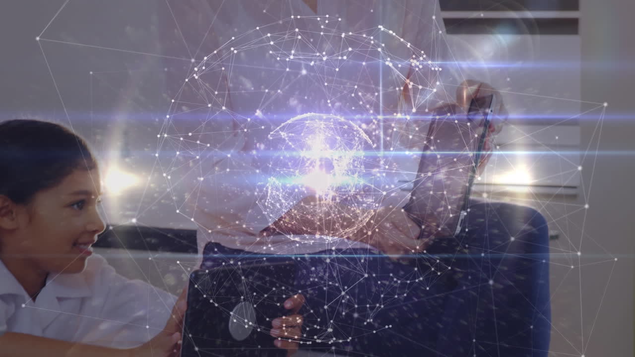 globo de red de conexiones sobre el maestro y la niña usando tableta digital en la escuela primaria