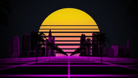 estilizado vintage fondo de animación 3d con ciudad moderna, palmeras, sol y estrellas brillantes. 80s retro futurista ciencia ficción bucle sin costuras