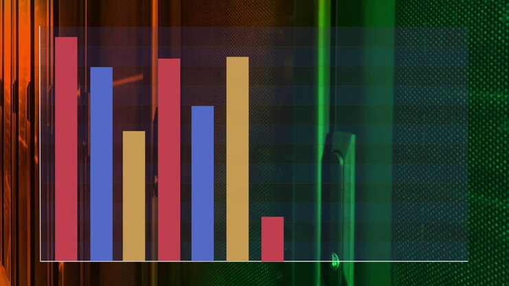 Grafico a barre colorato con tonalità verdi e arancioni su sfondo astratto