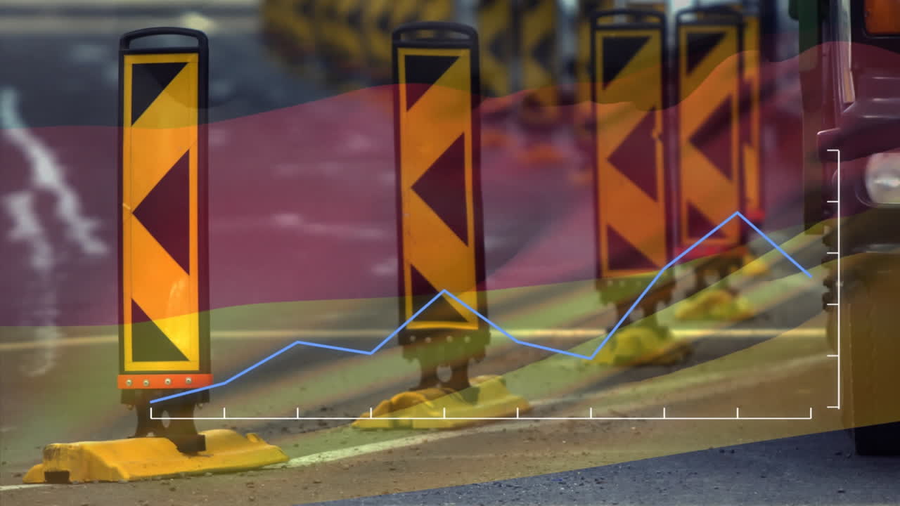 animación de diagrama rojo, procesamiento de datos y bandera de alemania sobre señales de tráfico