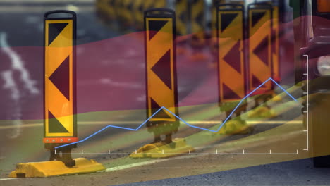 animation of red diagram, data processing and flag of germany over road signs