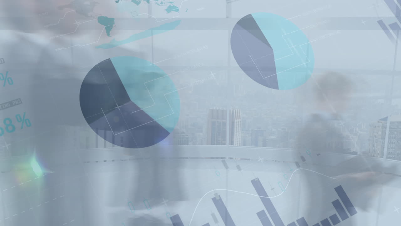 animación del procesamiento de datos financieros sobre personas de negocios caminando en la oficina