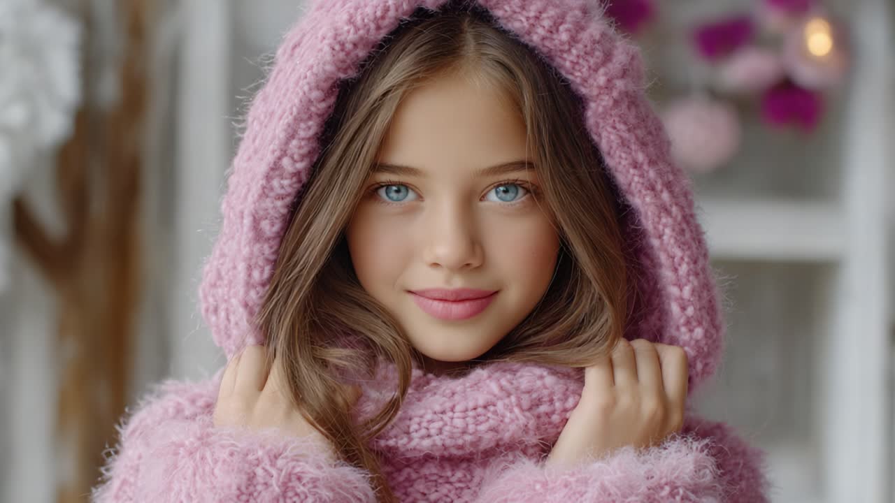 Captivating Portrait of a Young Girl in a Cozy Pink Hoodie with Enchanting Blue Eyes and a Warm Smile, Radiating Joy and Innocence in a Soft Winter Setting